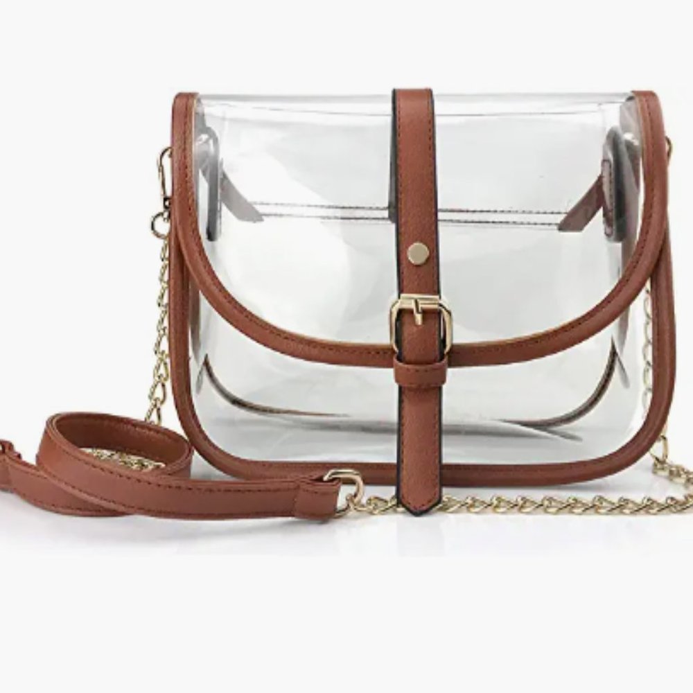 Brown Clear Cross Body Bag with Gold Chain Purse